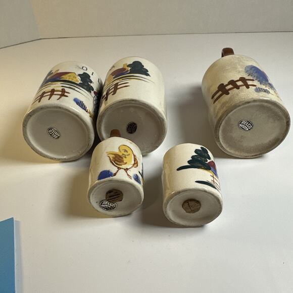 Vintage Relco Japan Vinegar/Oil Cruets Salt Pepper Hand painted Roosters/Barns - Picture 3 of 8